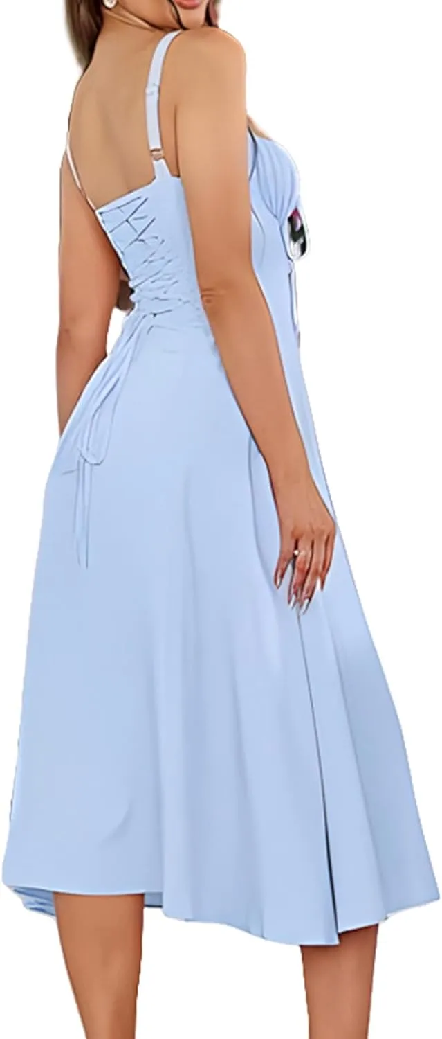 Corset Dress for Women Summer Sexy Backless Spaghetti Straps Square Neck Casual Midi Dress Flowy A-Line Beach Sundress