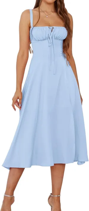 Corset Dress for Women Summer Sexy Backless Spaghetti Straps Square Neck Casual Midi Dress Flowy A-Line Beach Sundress