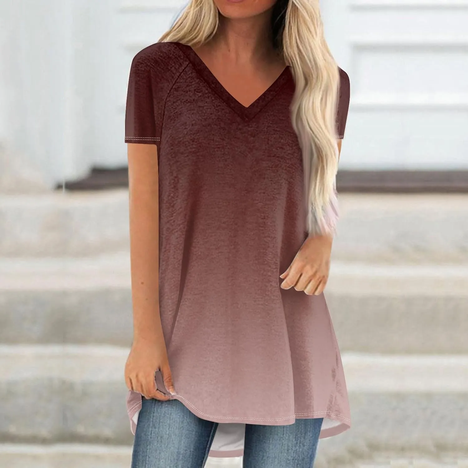 COTECRAM Women's Tops Short Sleeve Dressy Casual Plus Size Tunic Tops to Wear with Leggings V Neck T-Shirt Loose Fit Blouse