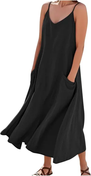 Cotton Linen Maxi Dress for Women Spaghetti Strap Summer Boho Casual Beach Dresses Solid Long Dress Vacation Outfits