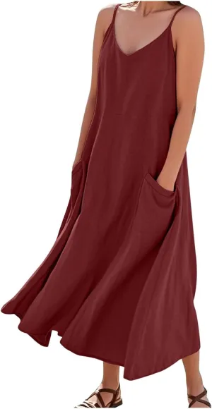 Cotton Linen Maxi Dress for Women Spaghetti Strap Summer Boho Casual Beach Dresses Solid Long Dress Vacation Outfits