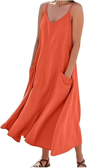 Cotton Linen Maxi Dress for Women Spaghetti Strap Summer Boho Casual Beach Dresses Solid Long Dress Vacation Outfits