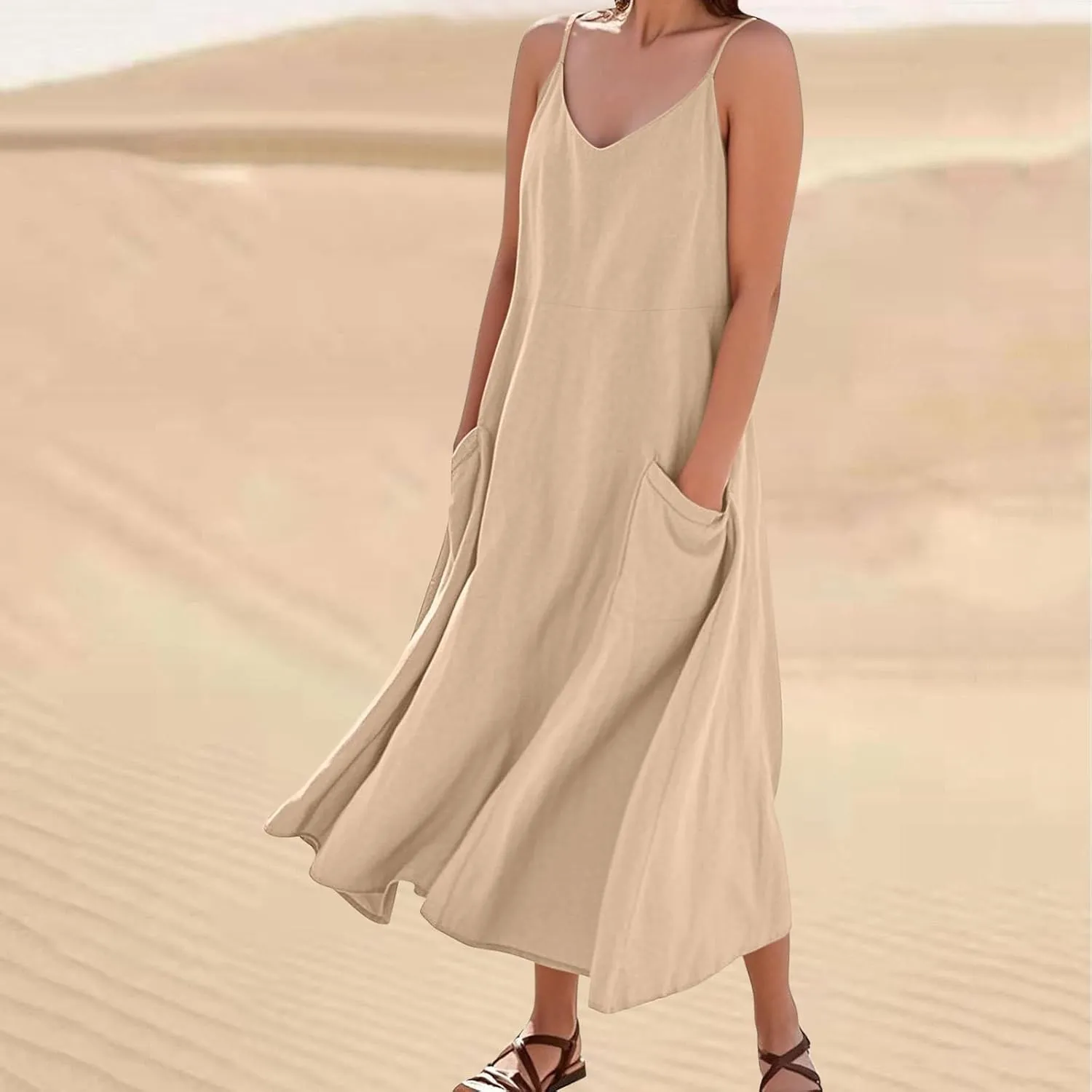 Cotton Linen Maxi Dress for Women Spaghetti Strap Summer Boho Casual Beach Dresses Solid Long Dress Vacation Outfits
