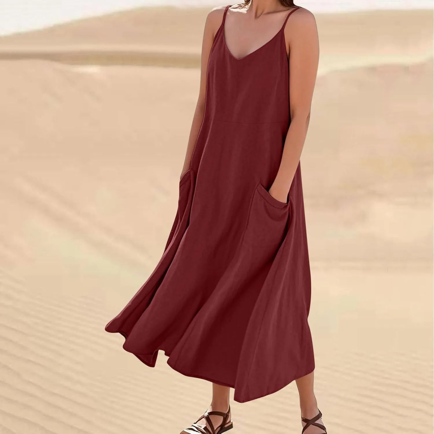 Cotton Linen Maxi Dress for Women Spaghetti Strap Summer Boho Casual Beach Dresses Solid Long Dress Vacation Outfits