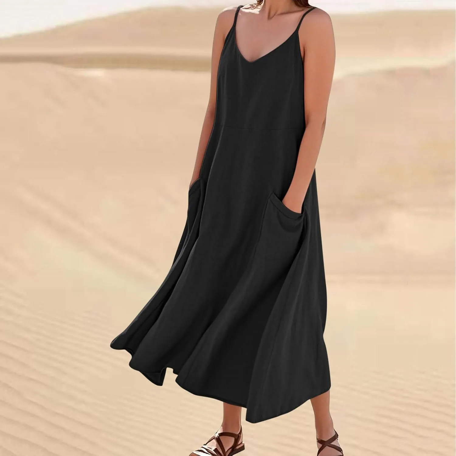 Cotton Linen Maxi Dress for Women Spaghetti Strap Summer Boho Casual Beach Dresses Solid Long Dress Vacation Outfits