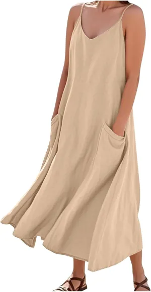Cotton Linen Maxi Dress for Women Spaghetti Strap Summer Boho Casual Beach Dresses Solid Long Dress Vacation Outfits