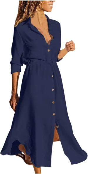 Cotton Linen Maxi Dress for Women Summer Casual Button Boho Dresses Plus Size Beach Long Dress Vintage Loose Dress