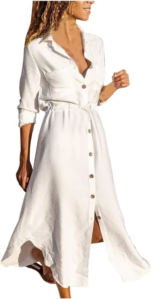 Cotton Linen Maxi Dress for Women Summer Casual Button Boho Dresses Plus Size Beach Long Dress Vintage Loose Dress