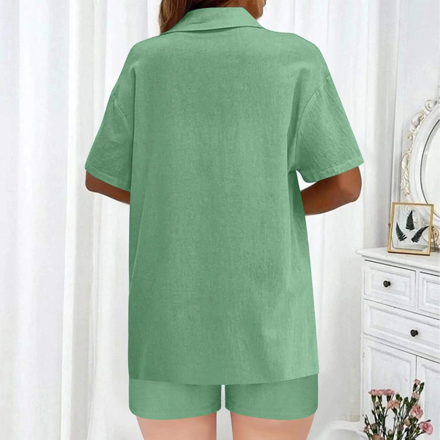 Cotton Linen Outfits for Women 2 Piece Sets Short Sleeve Button Dwon Shirt and Short Pockets Casual Loose Top Summer