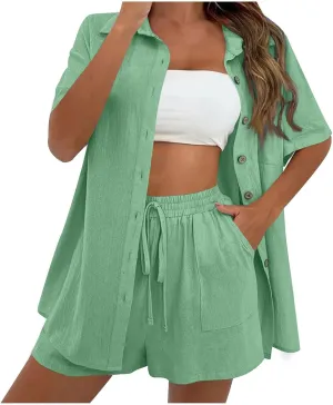 Cotton Linen Outfits for Women 2 Piece Sets Short Sleeve Button Dwon Shirt and Short Pockets Casual Loose Top Summer