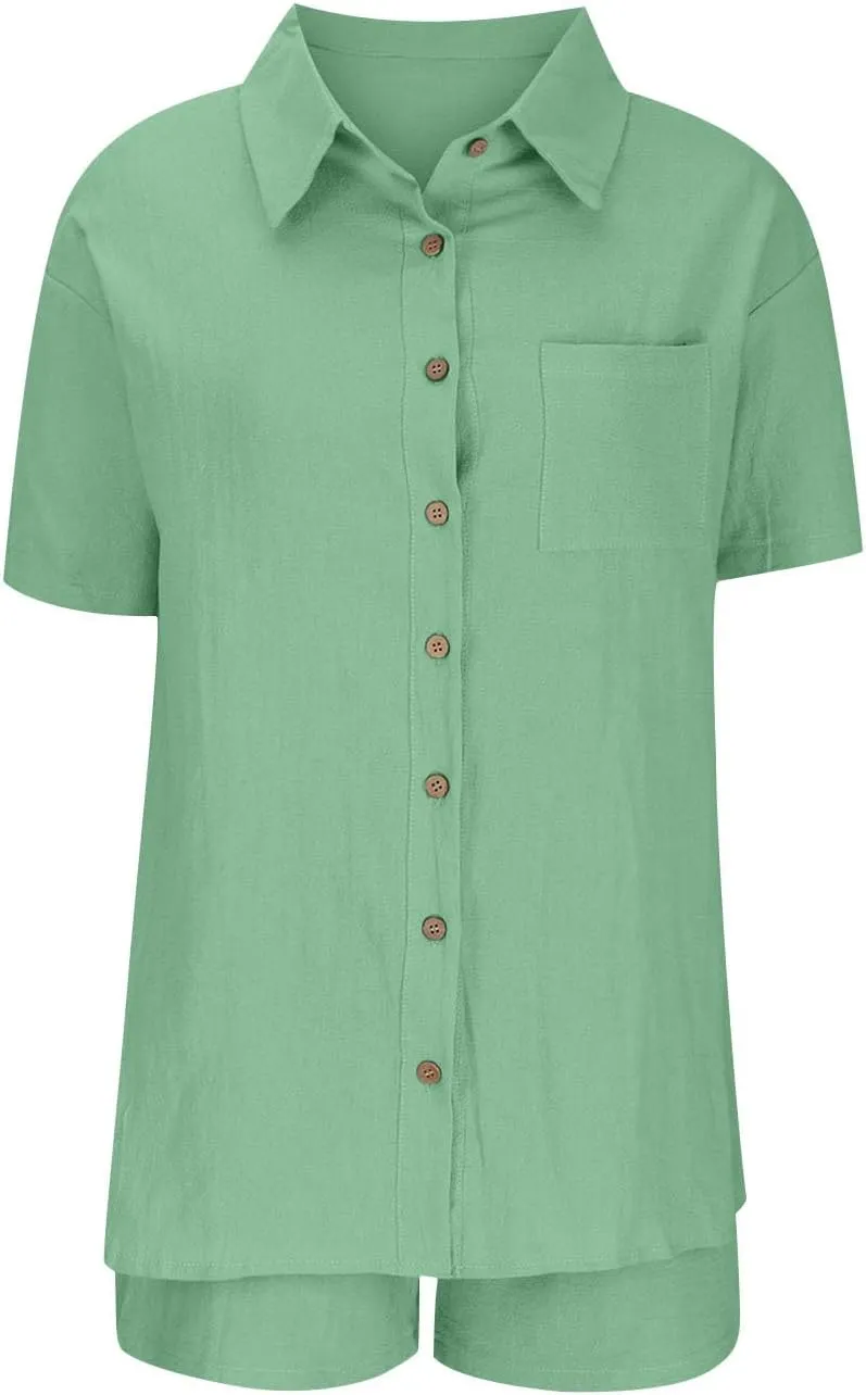 Cotton Linen Outfits for Women 2 Piece Sets Short Sleeve Button Dwon Shirt and Short Pockets Casual Loose Top Summer