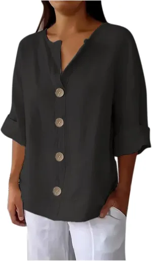 Cotton Linen Shirts for Women Long Sleeve V-Neck Button Down Blouses Solid Color Casual Loose Summer Tops