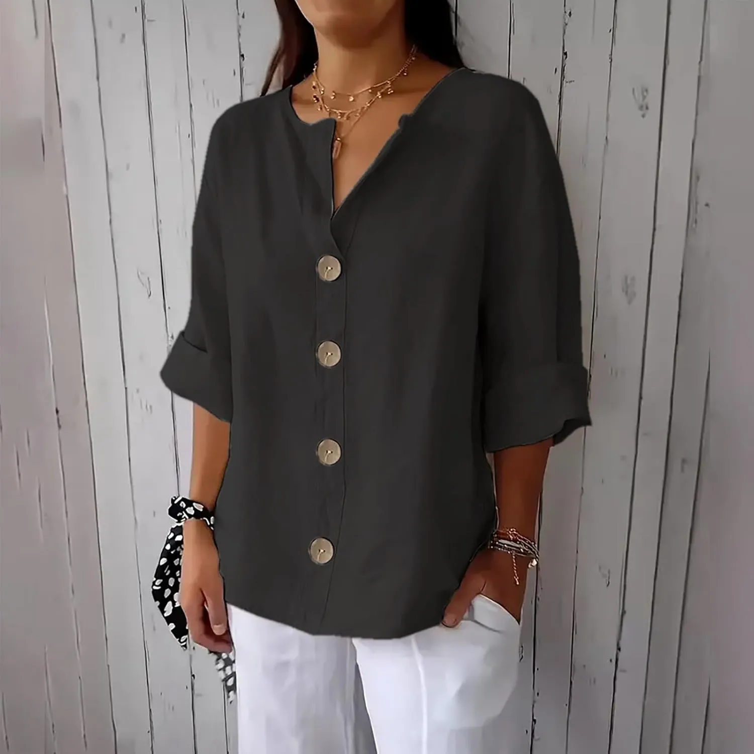 Cotton Linen Shirts for Women Long Sleeve V-Neck Button Down Blouses Solid Color Casual Loose Summer Tops