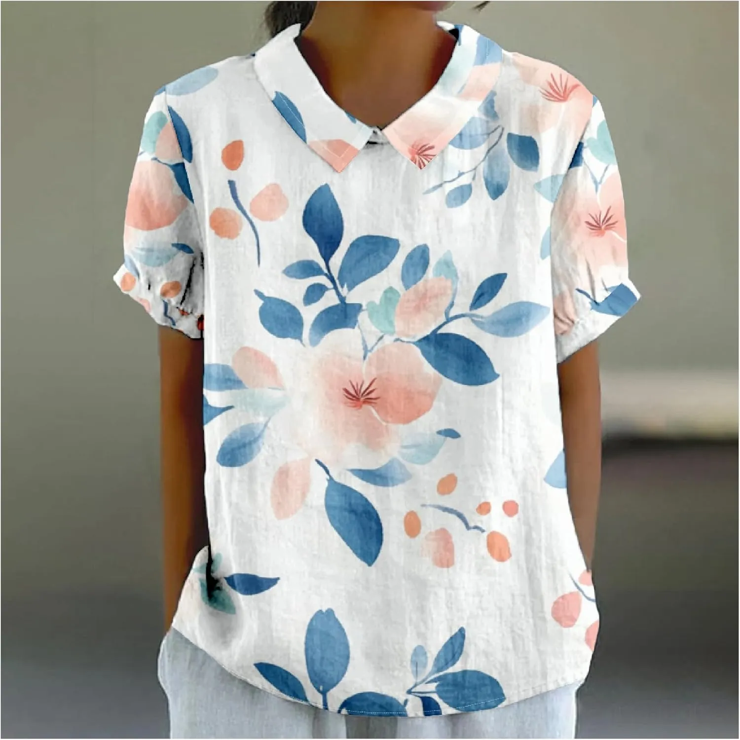 Cotton Linen Shirts for Women Summer Lapel Collar Short Puff Sleeve Blouses Casual Boho Floral Cute Tunic Tops