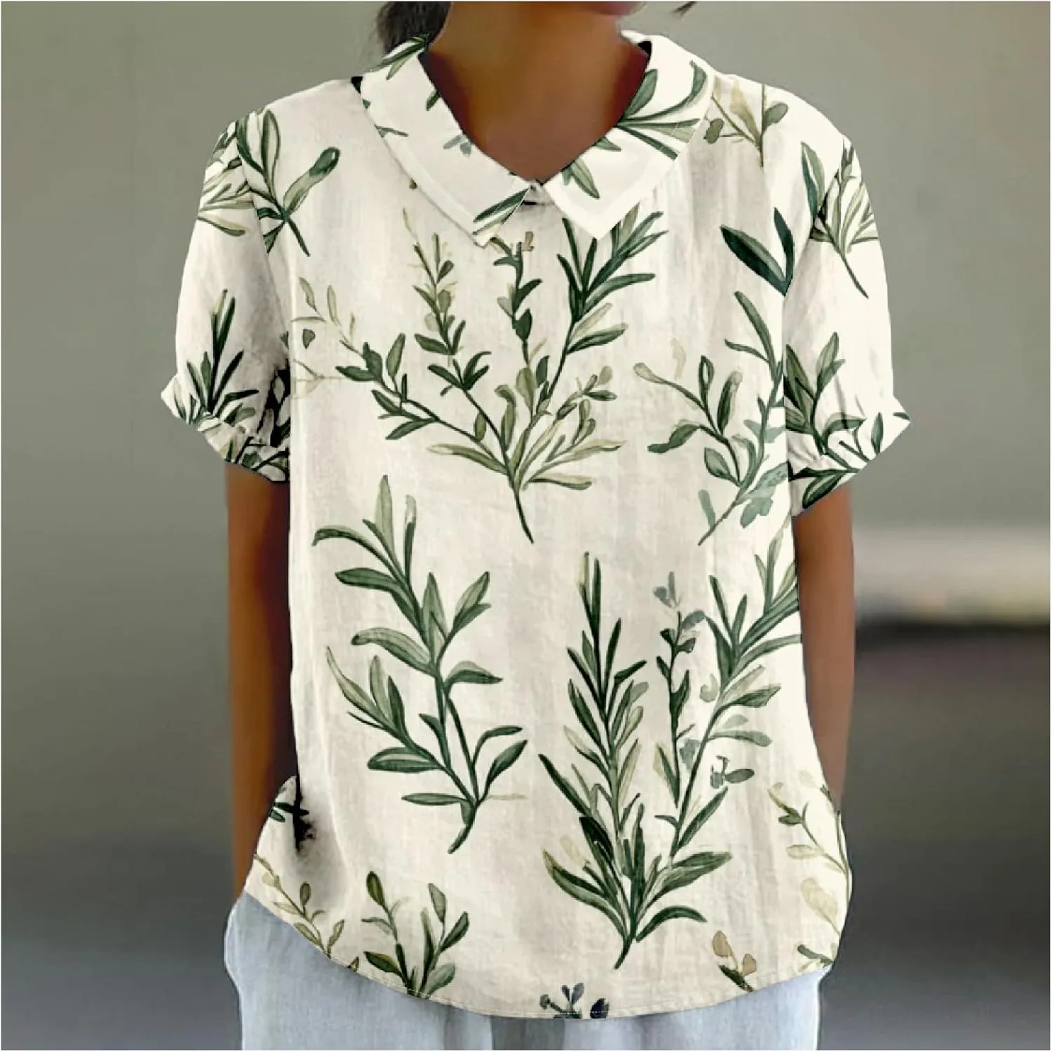 Cotton Linen Shirts for Women Summer Lapel Collar Short Puff Sleeve Blouses Casual Boho Floral Cute Tunic Tops