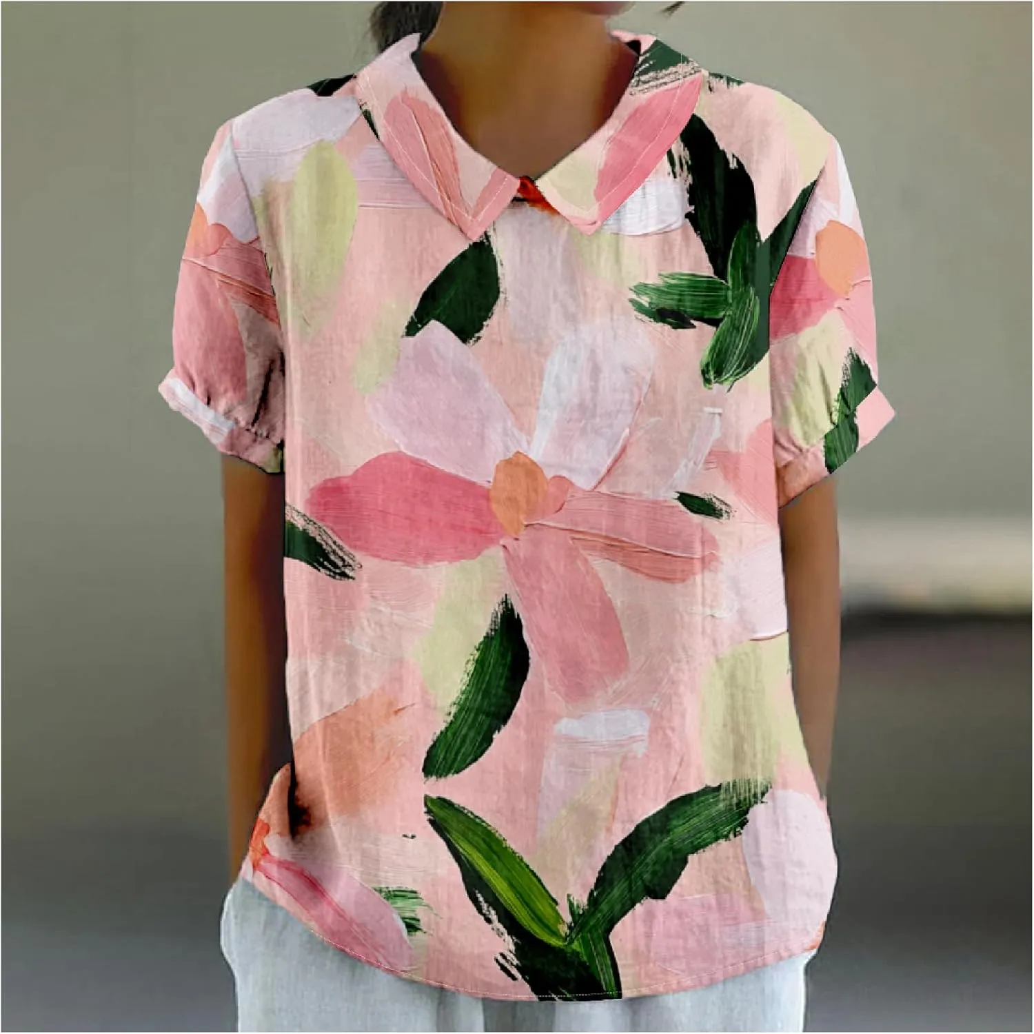 Cotton Linen Shirts for Women Summer Lapel Collar Short Puff Sleeve Blouses Casual Boho Floral Cute Tunic Tops