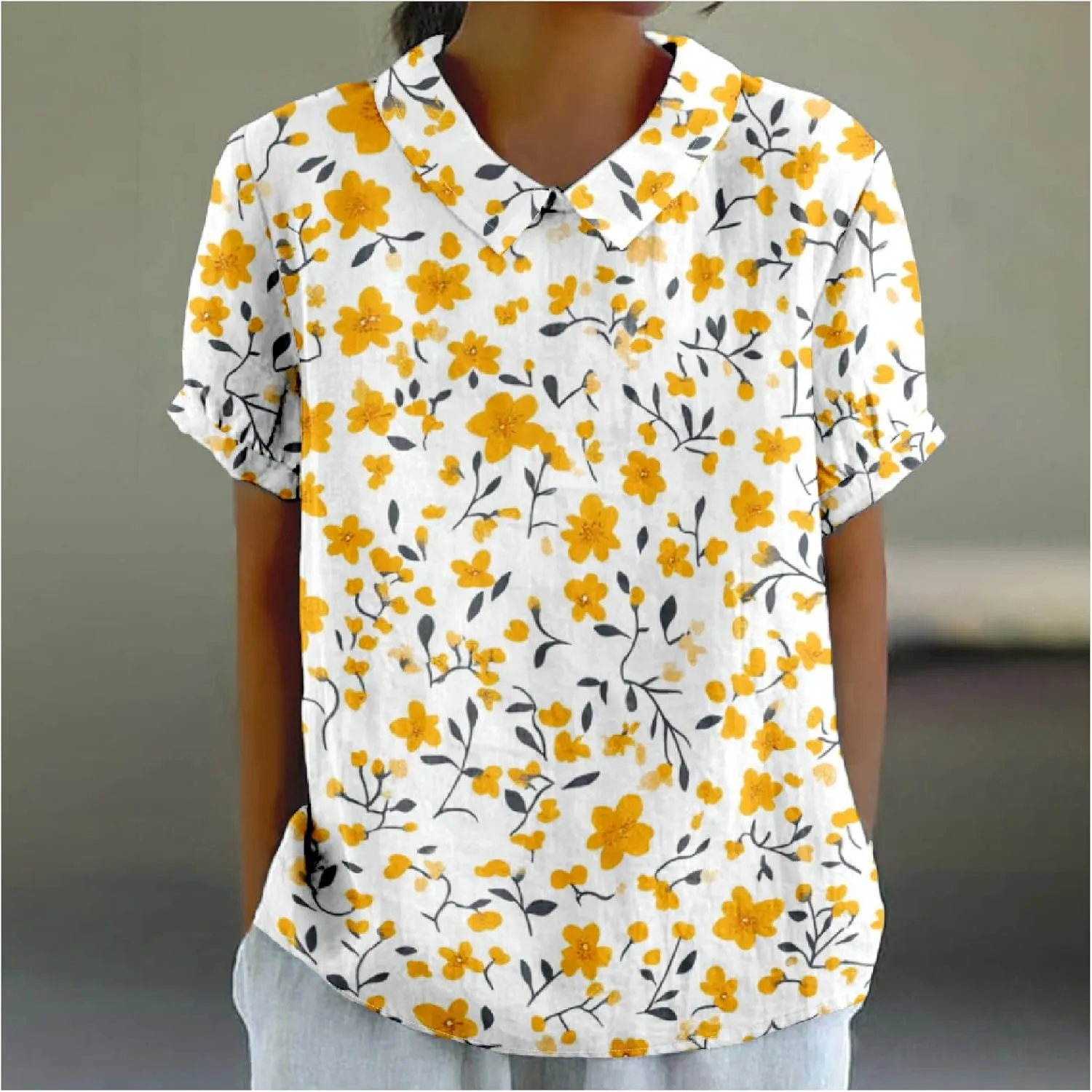 Cotton Linen Shirts for Women Summer Lapel Collar Short Puff Sleeve Blouses Casual Boho Floral Cute Tunic Tops