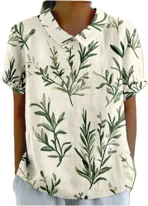 Cotton Linen Shirts for Women Summer Lapel Collar Short Puff Sleeve Blouses Casual Boho Floral Cute Tunic Tops