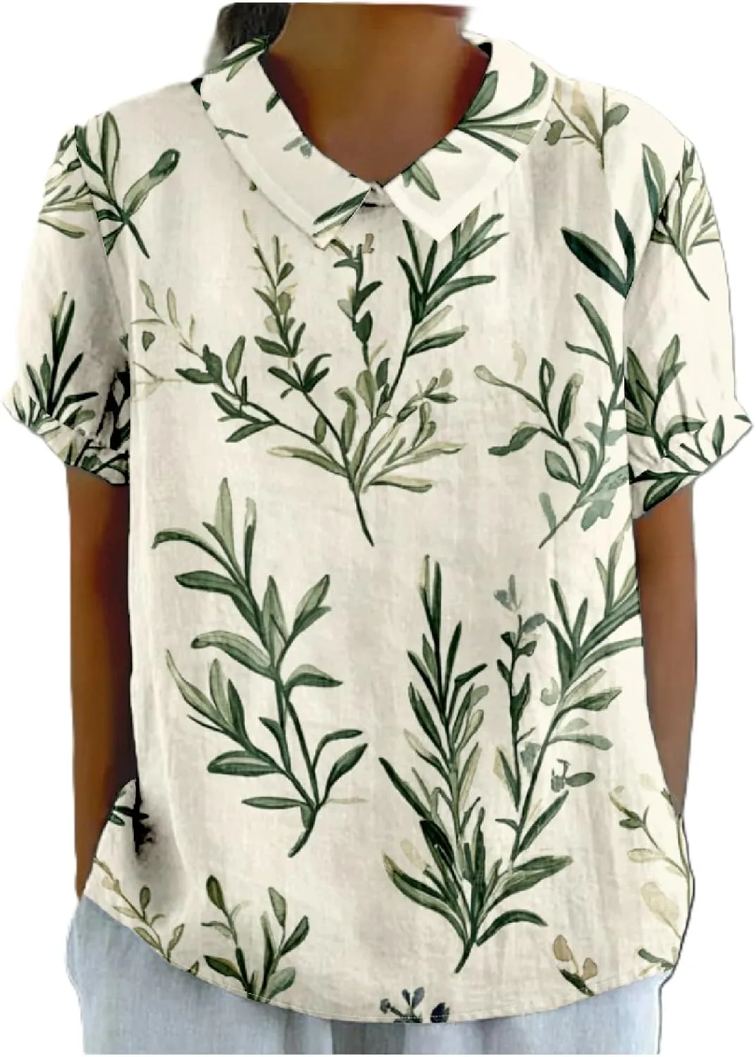 Cotton Linen Shirts for Women Summer Lapel Collar Short Puff Sleeve Blouses Casual Boho Floral Cute Tunic Tops