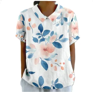 Cotton Linen Shirts for Women Summer Lapel Collar Short Puff Sleeve Blouses Casual Boho Floral Cute Tunic Tops
