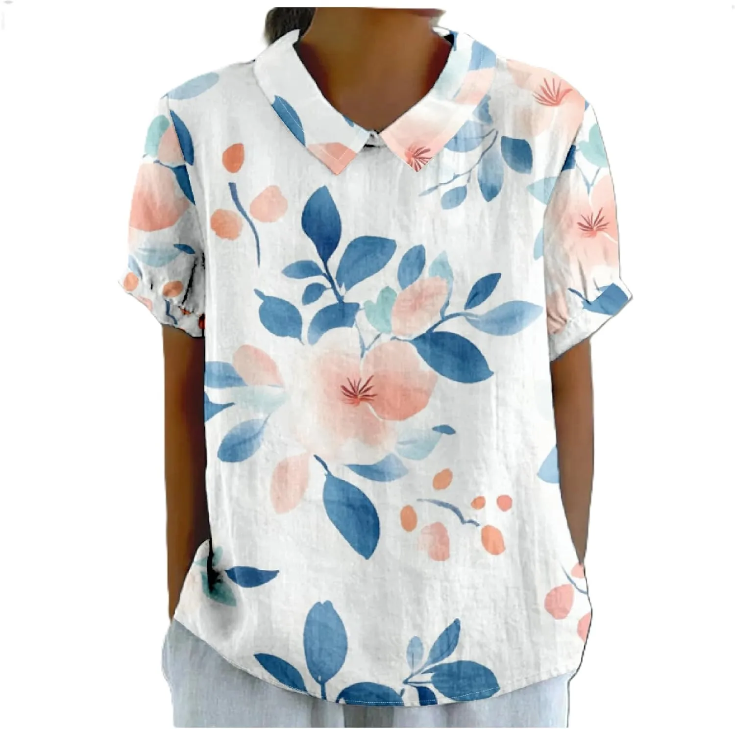 Cotton Linen Shirts for Women Summer Lapel Collar Short Puff Sleeve Blouses Casual Boho Floral Cute Tunic Tops
