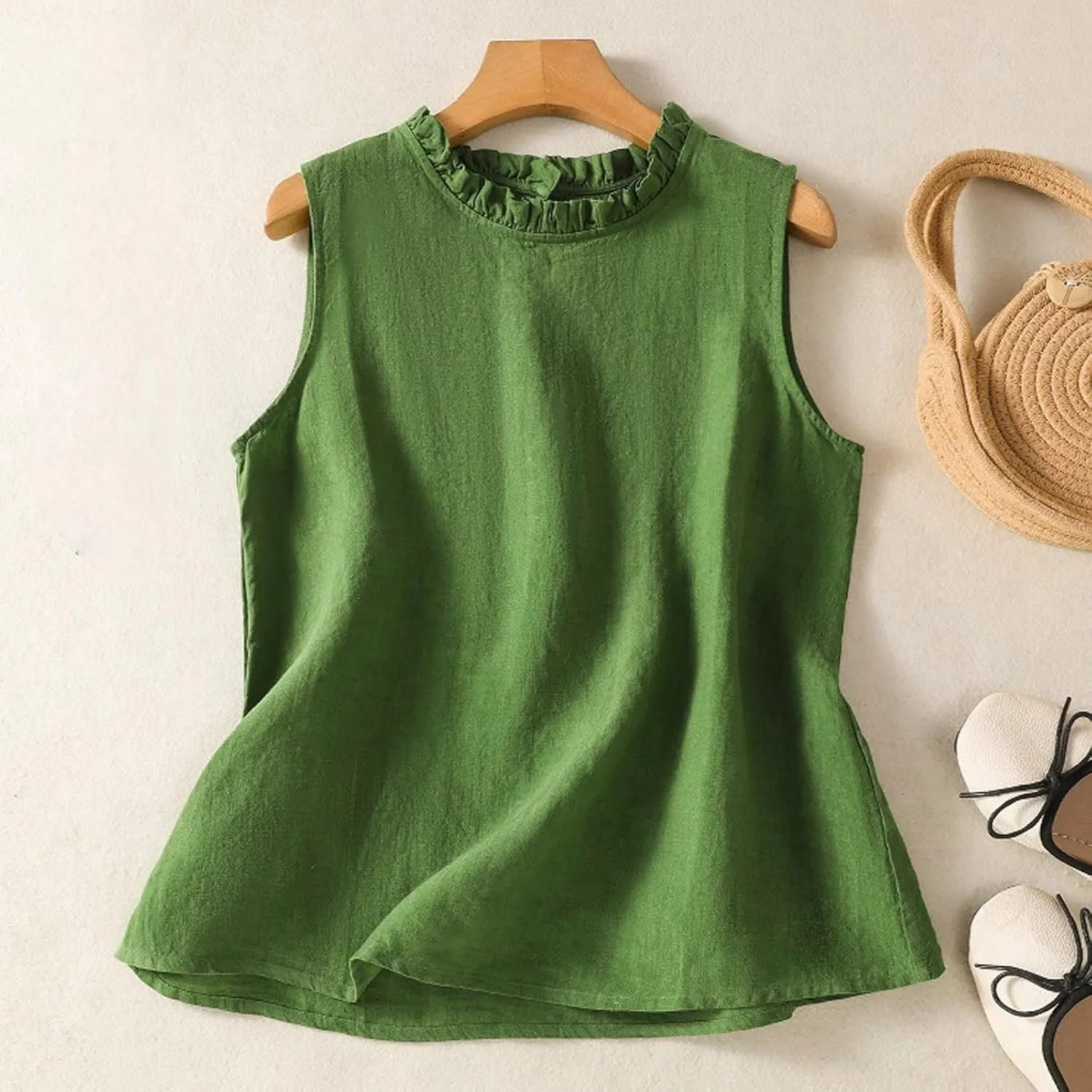 Cotton Linen Tank Tops for Women Ruffle Mock Neck Summer Vacation Tops Loose Fit Sleeveless Shirts Beach Tees Vests
