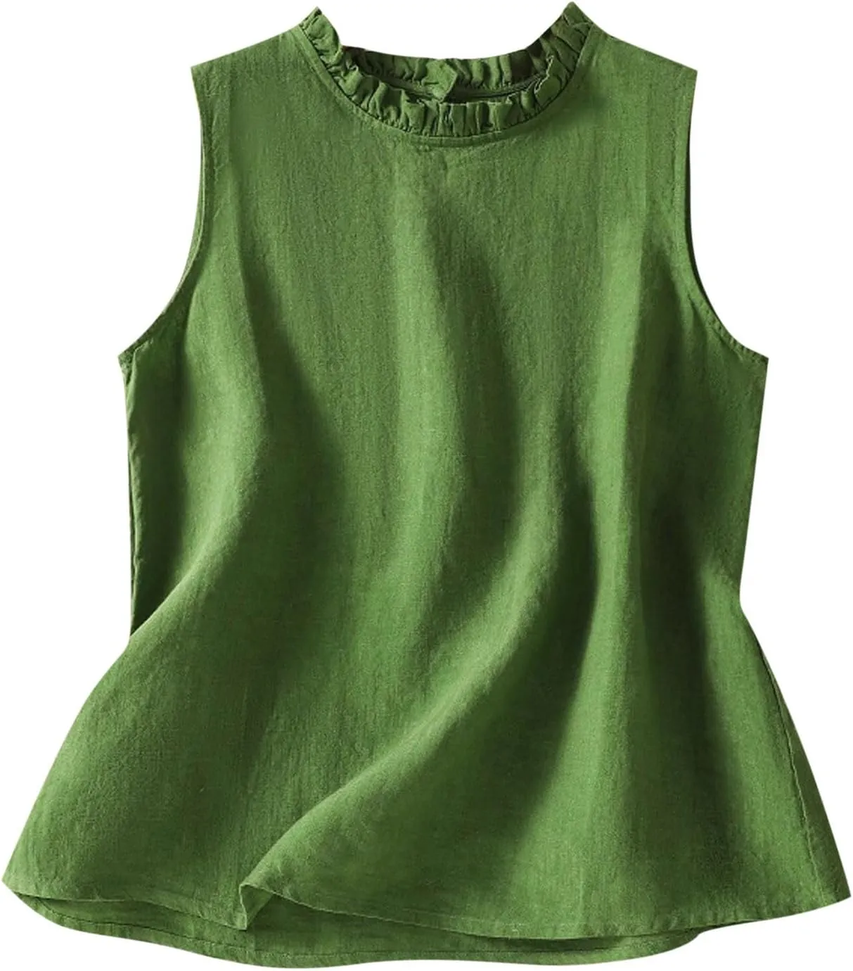 Cotton Linen Tank Tops for Women Ruffle Mock Neck Summer Vacation Tops Loose Fit Sleeveless Shirts Beach Tees Vests