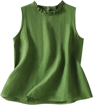 Cotton Linen Tank Tops for Women Ruffle Mock Neck Summer Vacation Tops Loose Fit Sleeveless Shirts Beach Tees Vests