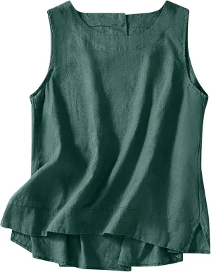 Cotton Linen Tank Tops for Women Summer Vacation Tops Loose Fit Sleeveless Round Neck Shirts Beach Tees Vests