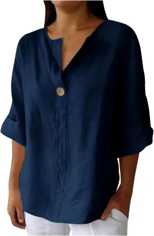 Cotton Linen Tops for Women 3/4 Sleeve Shirts Plus Size Causal V Neck Tees Loose Fit Shirts 2025 Summer Tunic Tops