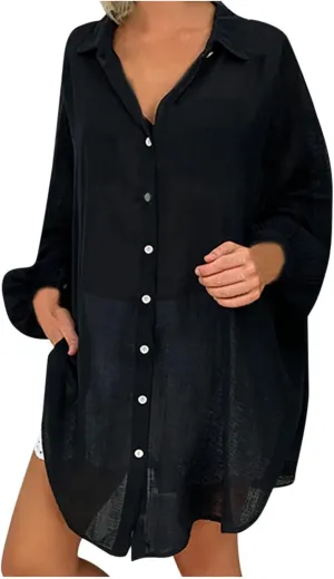 Cotton Linen Tops for Women Long Sleeve Button Down Plus Size Summer Oversized Tops Beach Coverups Blouse