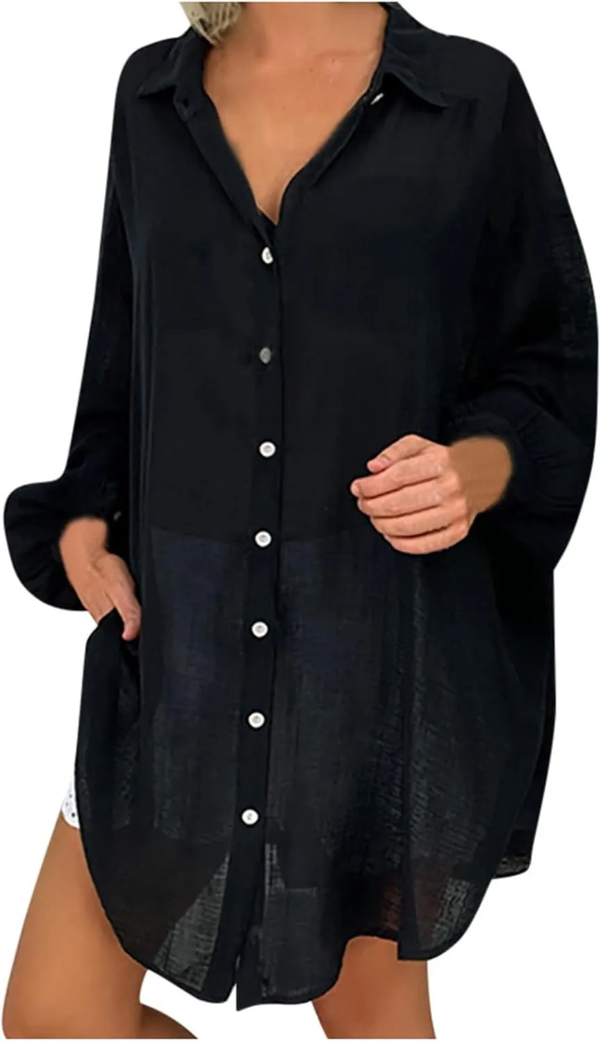 Cotton Linen Tops for Women Long Sleeve Button Down Plus Size Summer Oversized Tops Beach Coverups Blouse