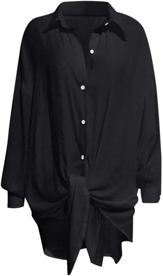 Cotton Linen Tops for Women Long Sleeve Button Down Plus Size Summer Oversized Tops Beach Coverups Blouse