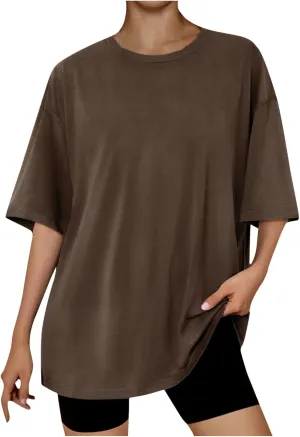 Cotton Summer Tops for Women 2024 Trendy Drop Shoulder Oversized Shirt Short Sleeve Crewneck Blouse Tee Ladies Tshirt