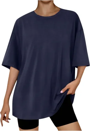 Cotton Summer Tops for Women 2024 Trendy Drop Shoulder Oversized Shirt Short Sleeve Crewneck Blouse Tee Ladies Tshirt