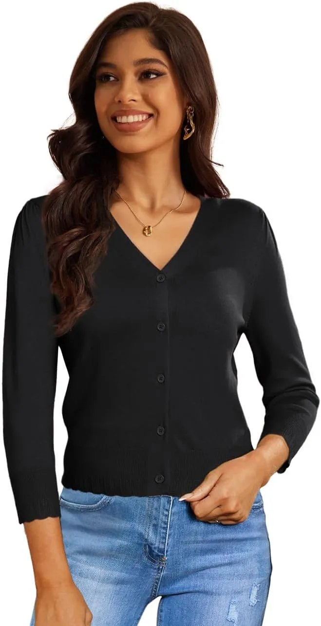 CPOKRTWSO Women's Cropped Cardigan 3/4 Sleeve Bolero Shrug for Dresses Lightweight Open Front Button Down Sweater