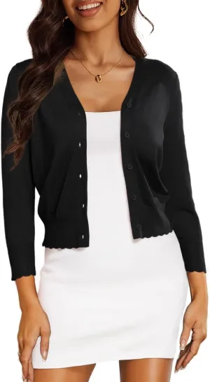 CPOKRTWSO Women's Cropped Cardigan 3/4 Sleeve Bolero Shrug for Dresses Lightweight Open Front Button Down Sweater
