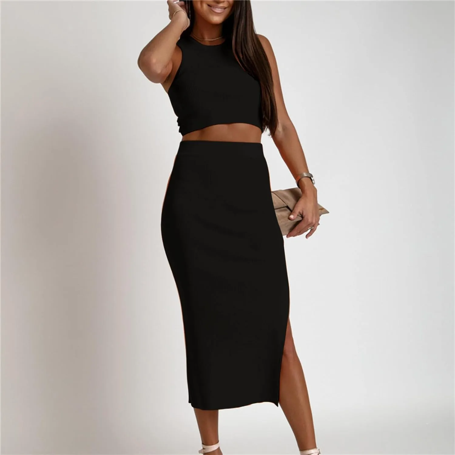 Curvy Summer Dresses for Women 2024 2 Piece Sexy Tank Top Side Slit High Waist Skirt Casual Trendy Bodycon Office