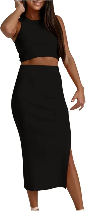Curvy Summer Dresses for Women 2024 2 Piece Sexy Tank Top Side Slit High Waist Skirt Casual Trendy Bodycon Office