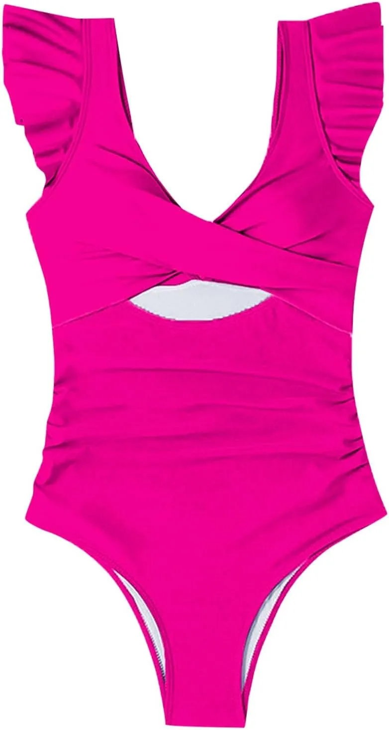 Cut Out One Piece Swimsuits Women High Waisted Tummy Control Ruffle Bathing Suit Sexy Bikini Bottom Backless Swimwear