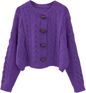 DAIMIDY Women's Horn Toggle Button Long Sleeve Cable Knit Cropped Cardigans