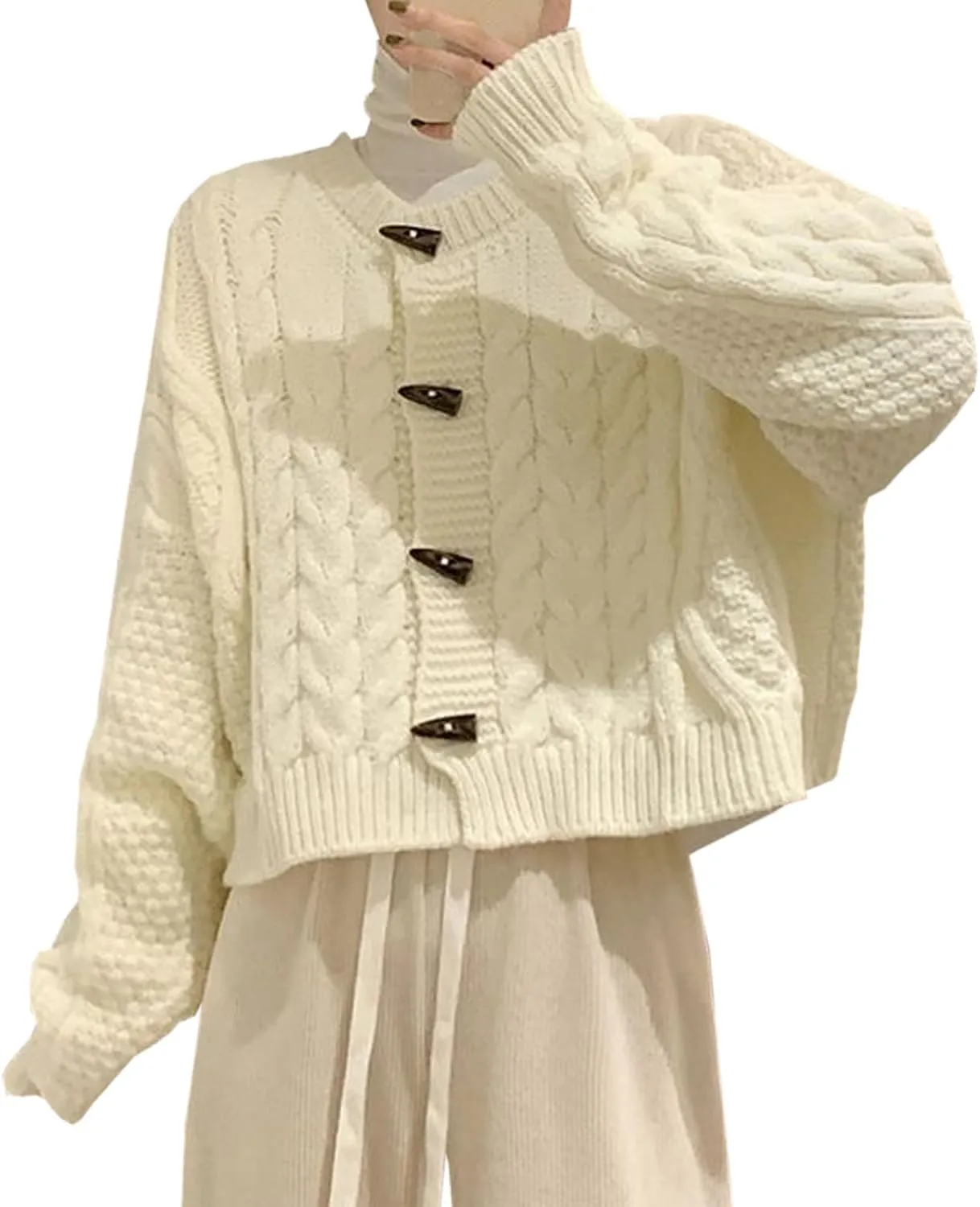DAIMIDY Women's Horn Toggle Button Long Sleeve Cable Knit Cropped Cardigans