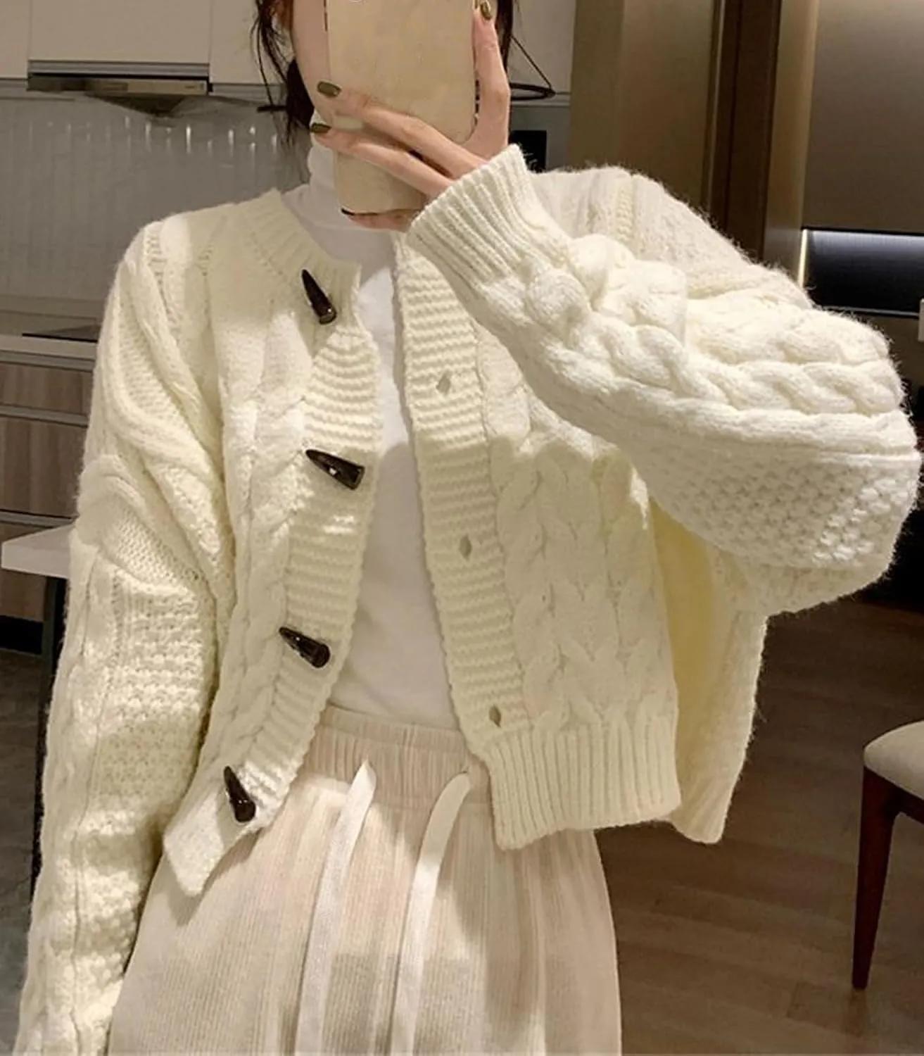 DAIMIDY Women's Horn Toggle Button Long Sleeve Cable Knit Cropped Cardigans