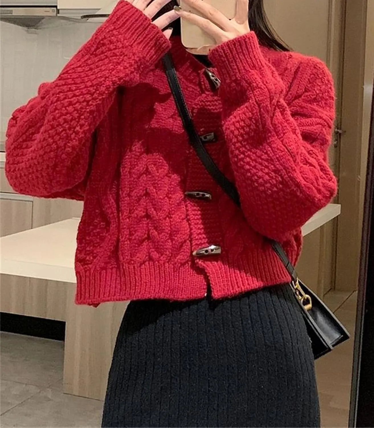 DAIMIDY Women's Horn Toggle Button Long Sleeve Cable Knit Cropped Cardigans