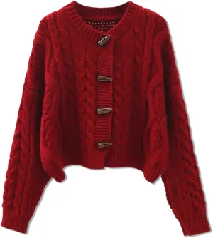 DAIMIDY Women's Horn Toggle Button Long Sleeve Cable Knit Cropped Cardigans