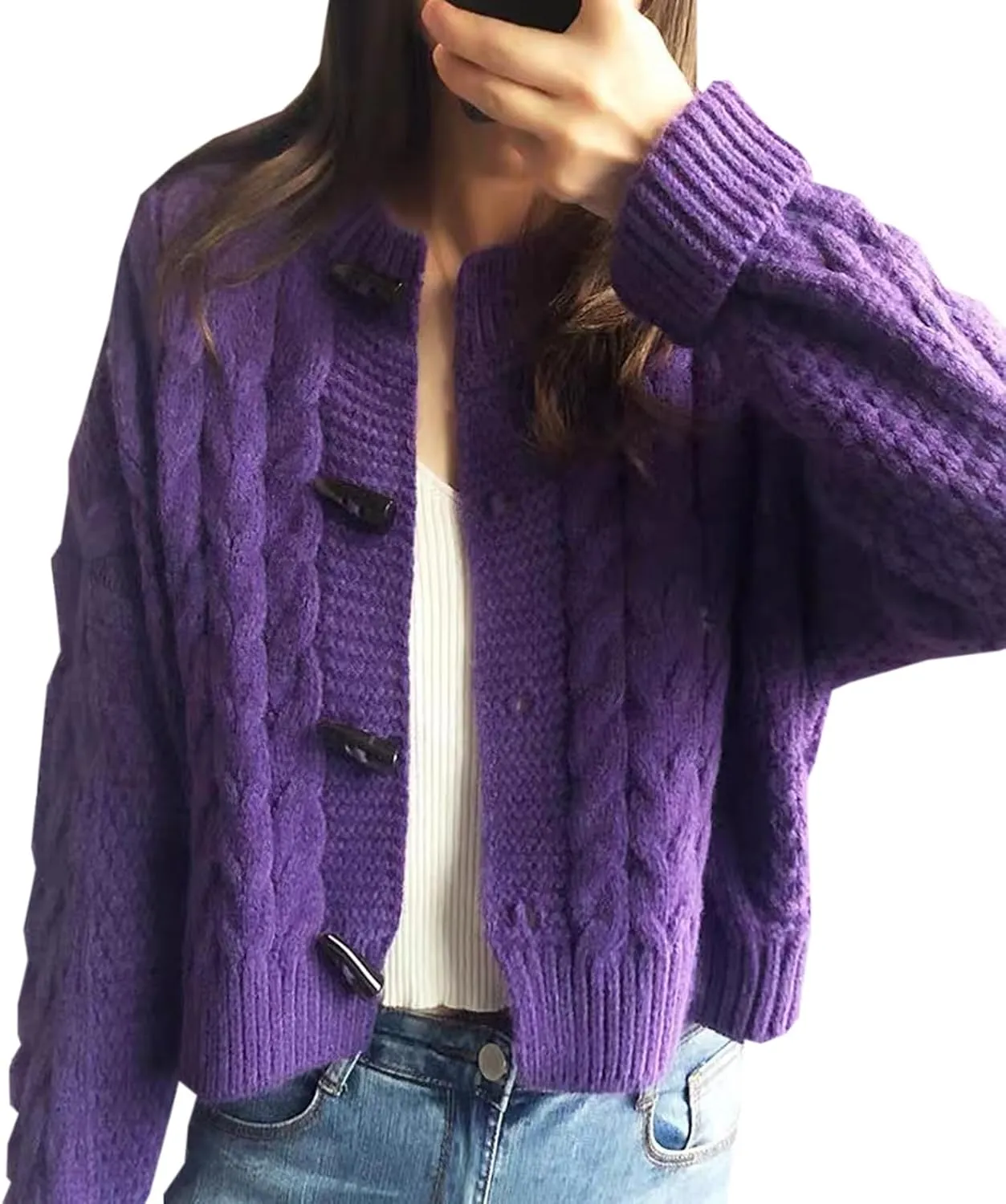 DAIMIDY Women's Horn Toggle Button Long Sleeve Cable Knit Cropped Cardigans