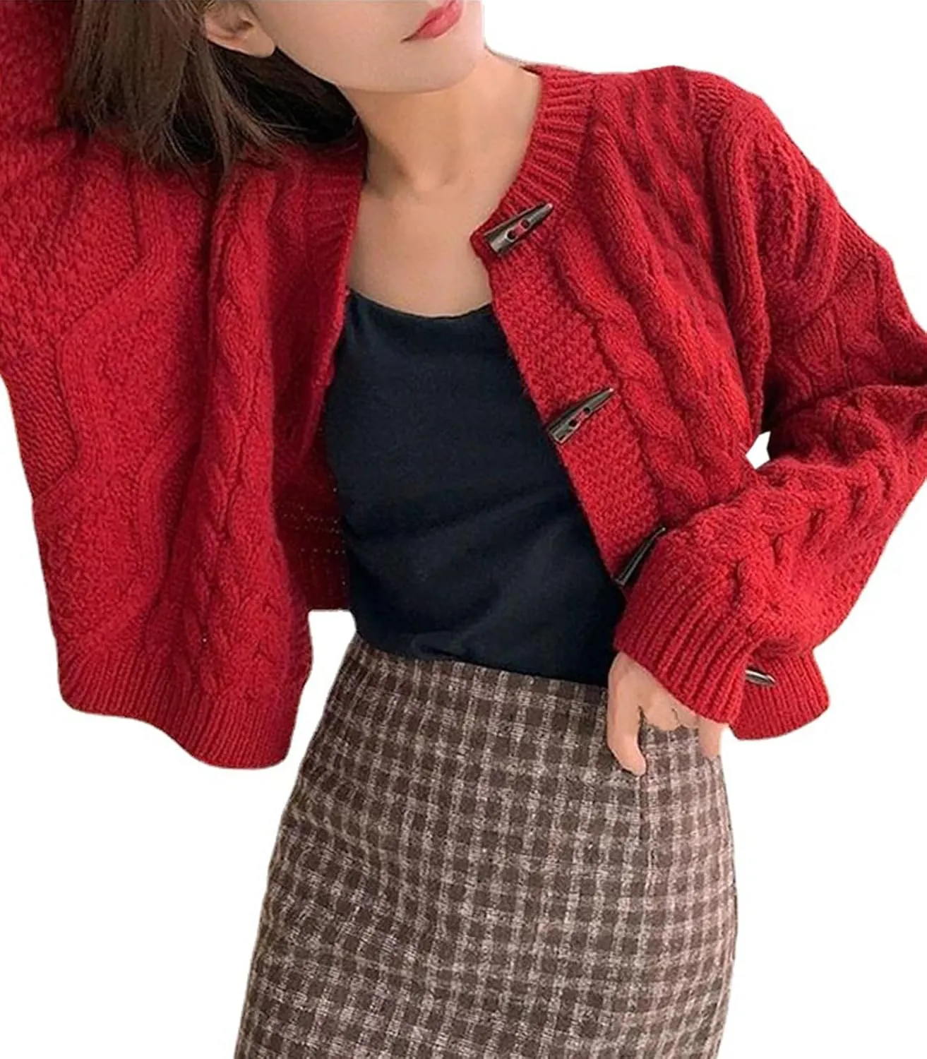 DAIMIDY Women's Horn Toggle Button Long Sleeve Cable Knit Cropped Cardigans