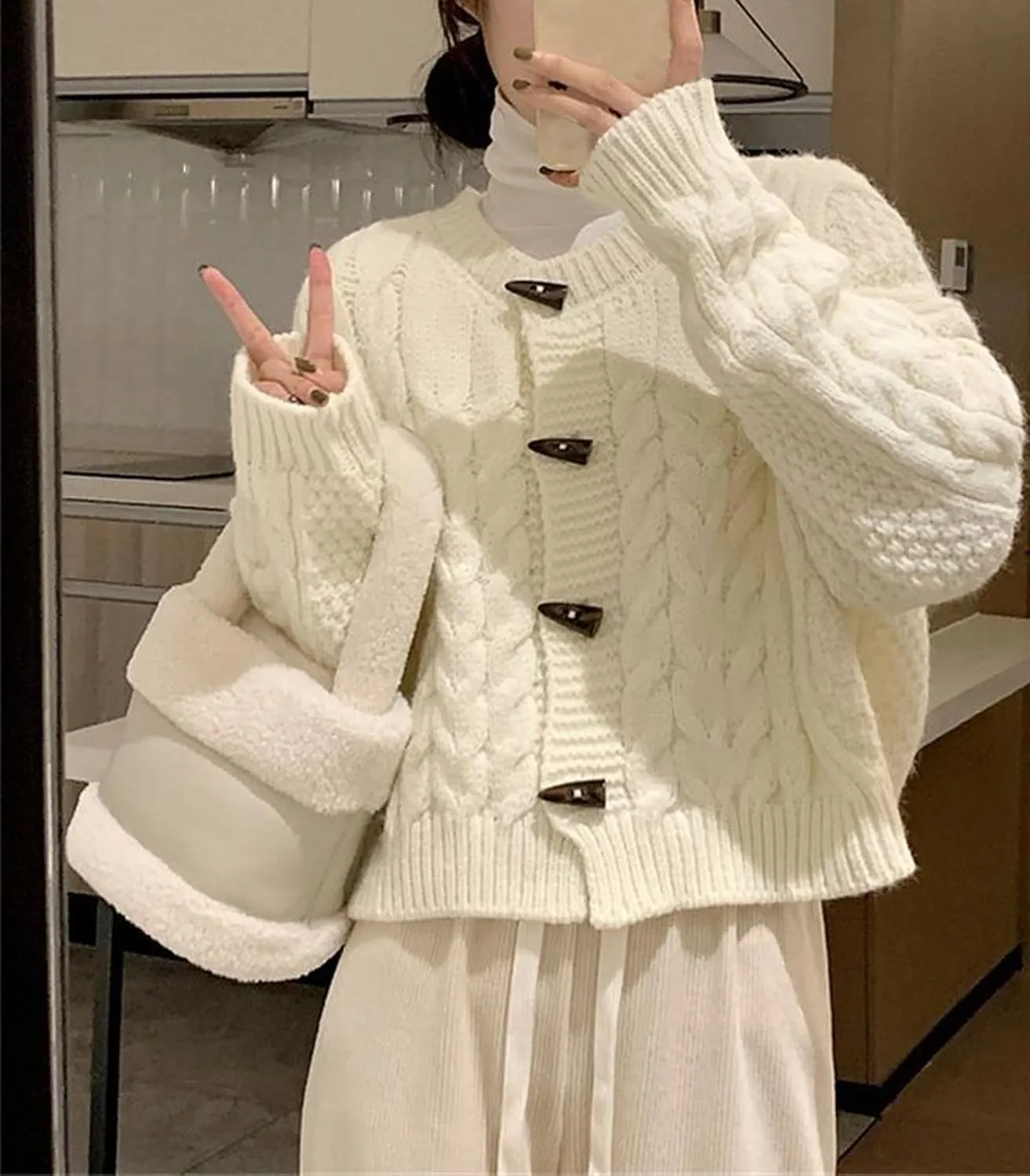 DAIMIDY Women's Horn Toggle Button Long Sleeve Cable Knit Cropped Cardigans