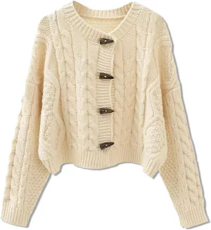 DAIMIDY Women's Horn Toggle Button Long Sleeve Cable Knit Cropped Cardigans