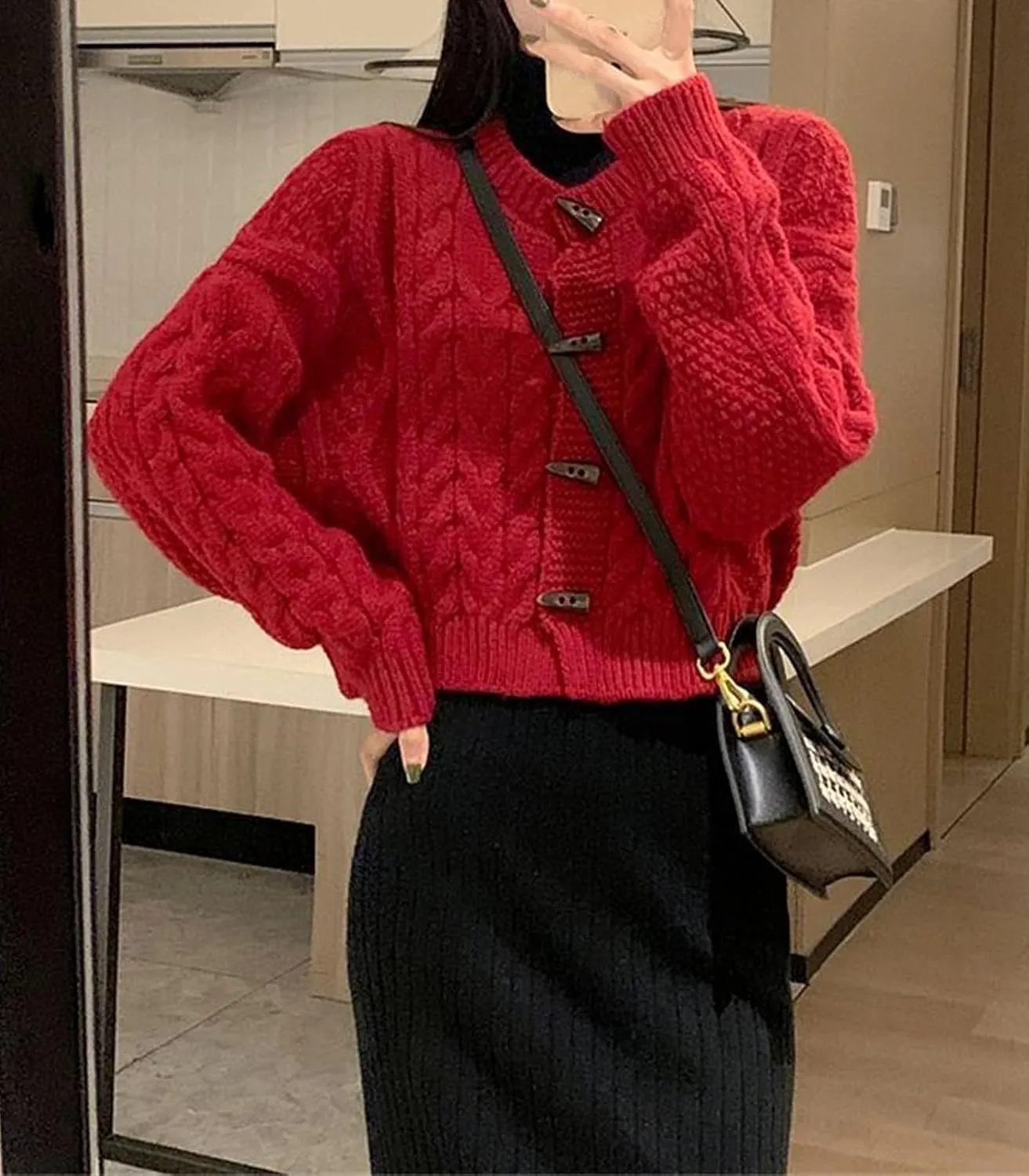 DAIMIDY Women's Horn Toggle Button Long Sleeve Cable Knit Cropped Cardigans